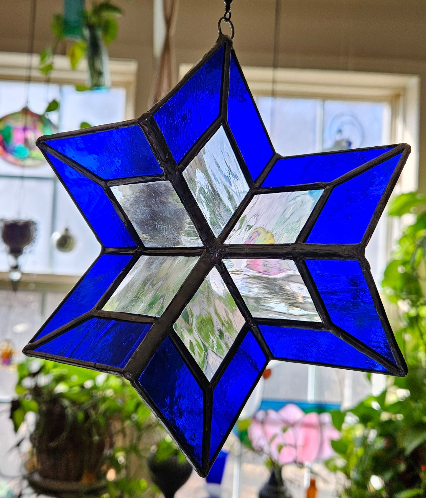 Stained Glass Star Suncatcher Wind Spinner, Cobalt Blue 3-Dimensional Stained Glass