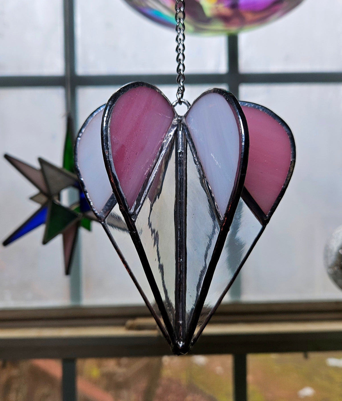 Stained Glass Heart Suncatcher Wind Spinner, Pink & White 3-Dimensional Stained Glass