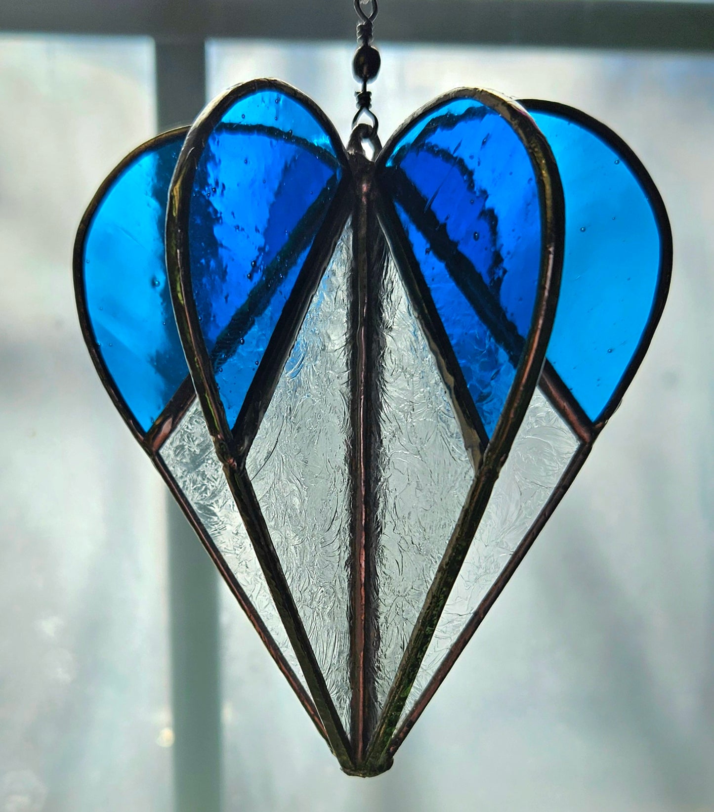 Stained Glass Heart Suncatcher Wind Spinner, Cobalt Blue 3-Dimensional Stained Glass