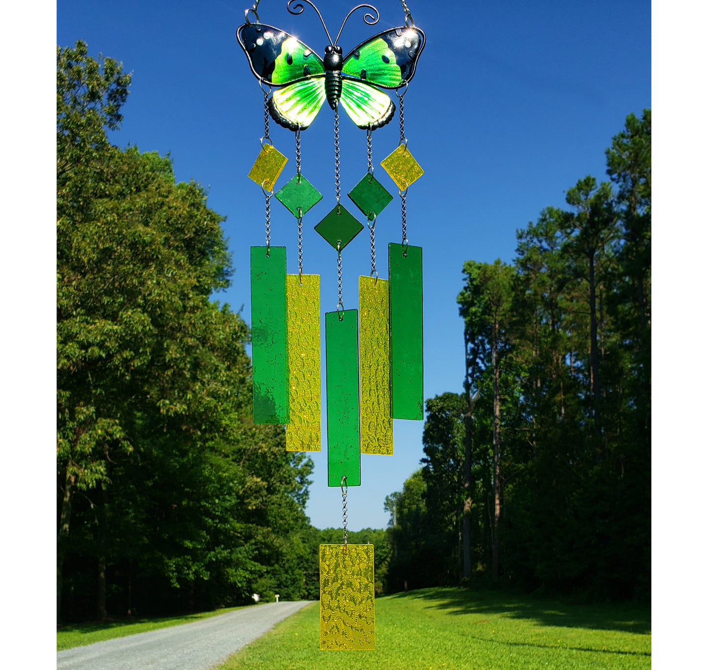 Green Butterfly Glass Wind Chime, Stained Glass Wind Chimes, Gift for Mom