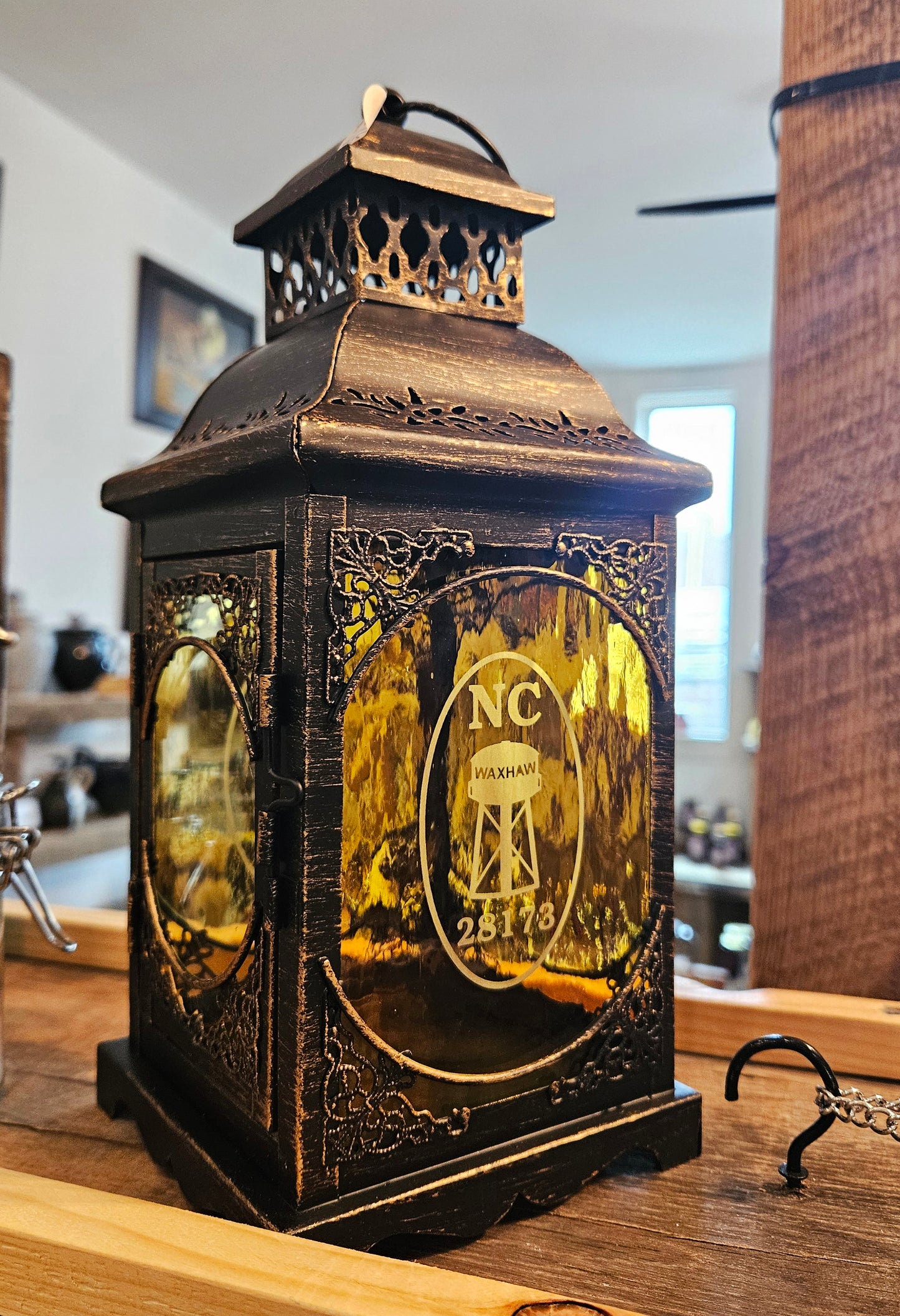 Waxhaw Water Tower Stained Glass Bronze Lantern, Amber Stained Glass Lantern