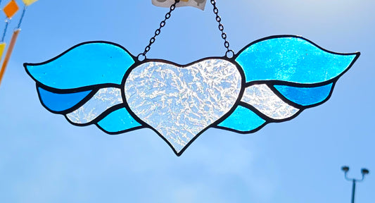 Winged Heart Stained Glass Suncatcher Blue Glass Colors