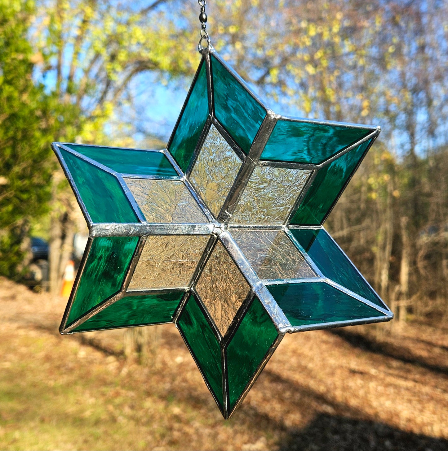 Stained Glass Star Suncatcher Wind Spinner,  Teal Blue 3-Dimensional Stained Glass