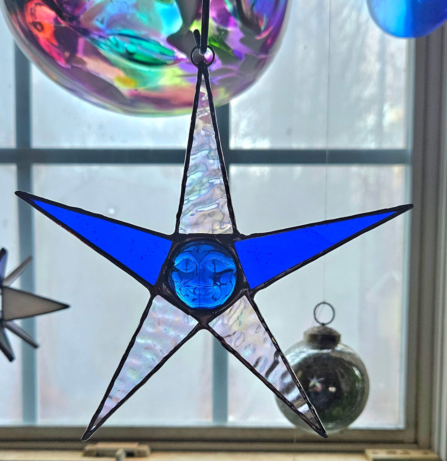 Cobalt Blue and Iridescent Stained-Glass Star Suncatcher with Vintage Molded Glass Moon Face