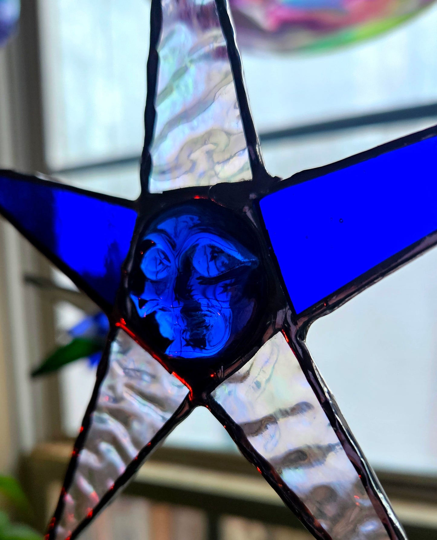 Cobalt Blue and Iridescent Stained-Glass Star Suncatcher with Vintage Molded Glass Moon Face
