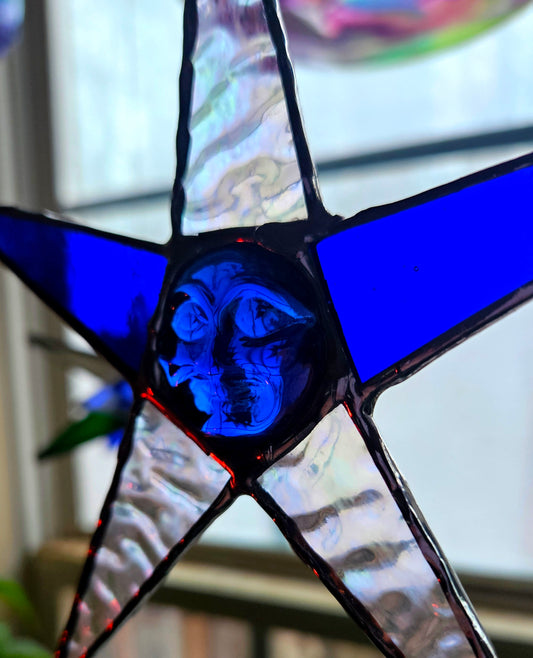 Cobalt Blue and Iridescent Stained-Glass Star Suncatcher with Vintage Molded Glass Moon Face