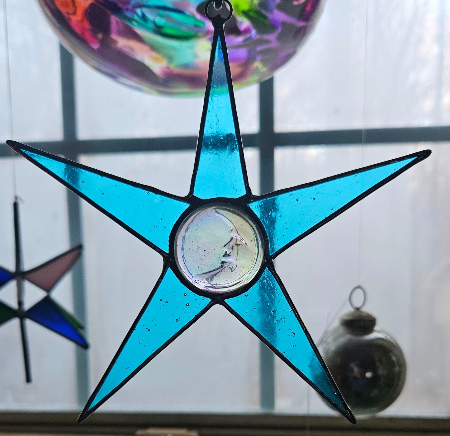 Aqua Stained-Glass Star Suncatcher with Vintage Molded Glass Moon Face