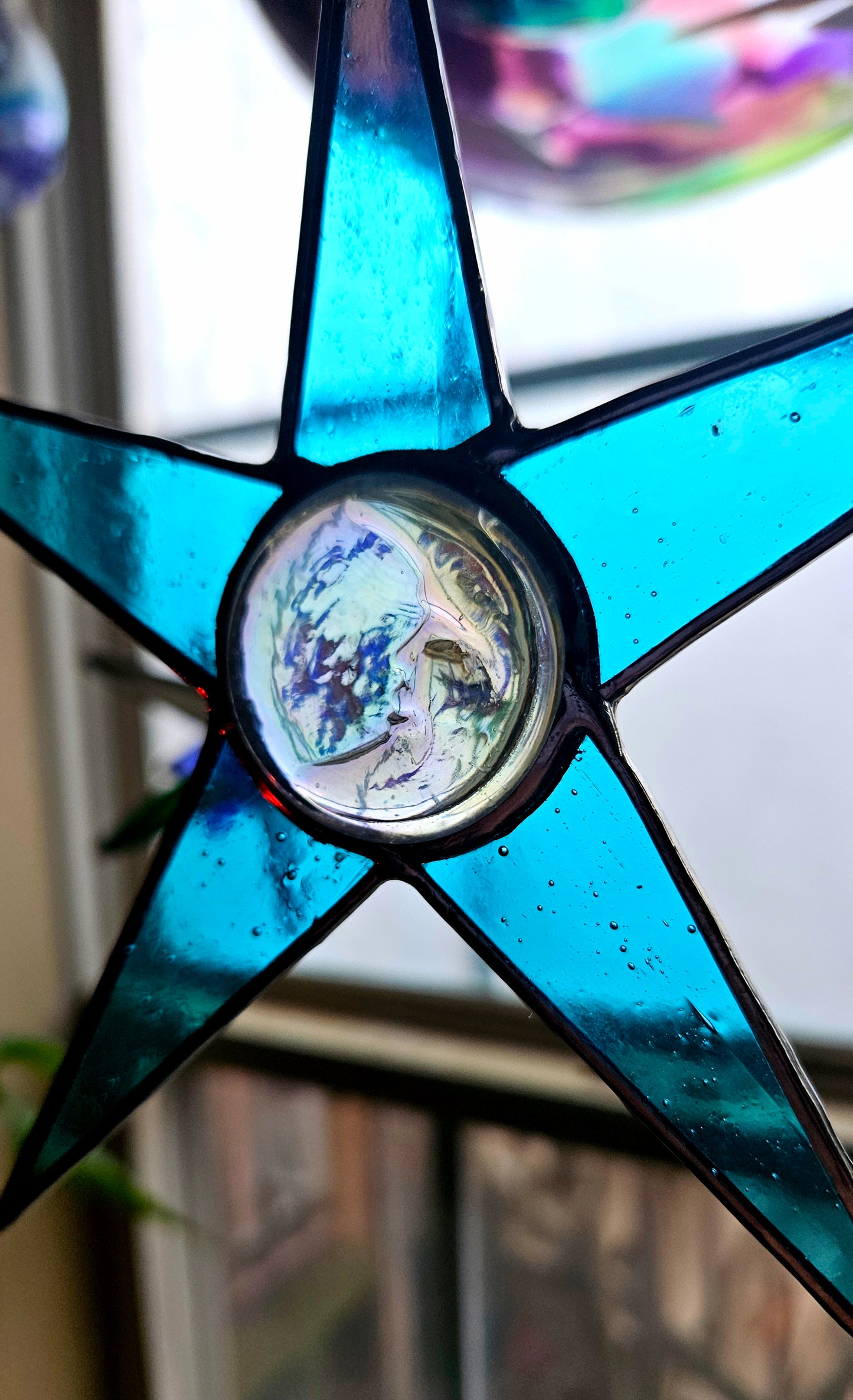 Aqua Stained-Glass Star Suncatcher with Vintage Molded Glass Moon Face