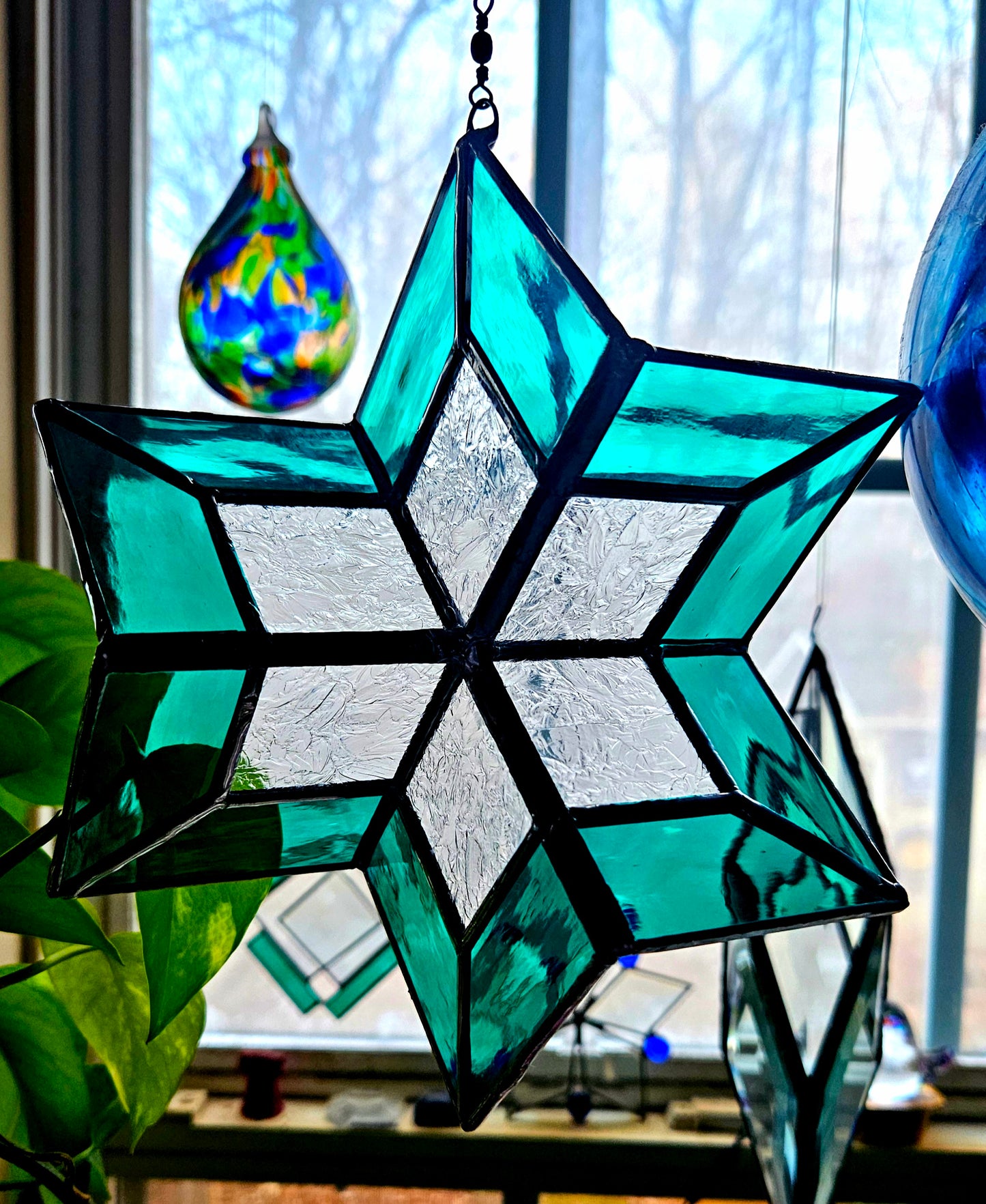 Stained Glass Star Suncatcher Wind Spinner,  Teal Blue 3-Dimensional Stained Glass