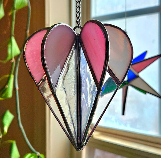 Stained Glass Heart Suncatcher Wind Spinner, Pink & White 3-Dimensional Stained Glass