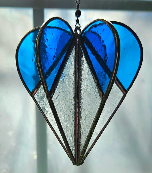 Stained Glass Heart Suncatcher Wind Spinner,  Cobalt Blue 3-Dimensional Stained Glass