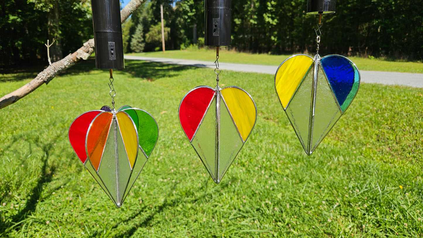 Stained Glass Heart Suncatcher Wind Spinner,  Rainbow 3-Dimensional Stained Glass