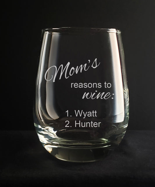 Mom's Reasons to Wine Glass, Personalized, Mom Wine Glass, Mother's Day, Birthday Gift for Mom, Funny Wine Glass, Gift from Kids