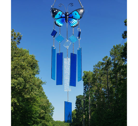 Blue Butterfly Glass Wind Chime, Stained Glass Wind Chimes, Gift for Mom