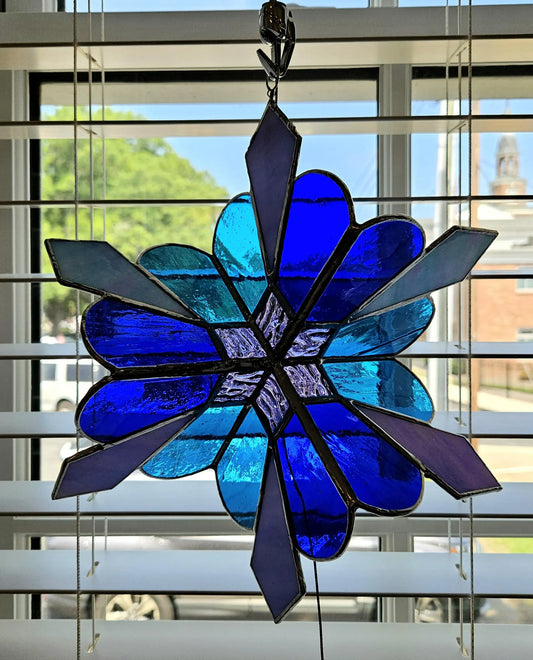 Stained Glass Star Suncatcher Wind Spinner, Blue Colors Glass Indoor or Outdoor Art, Unique, 3-Dimensional Stained Glass