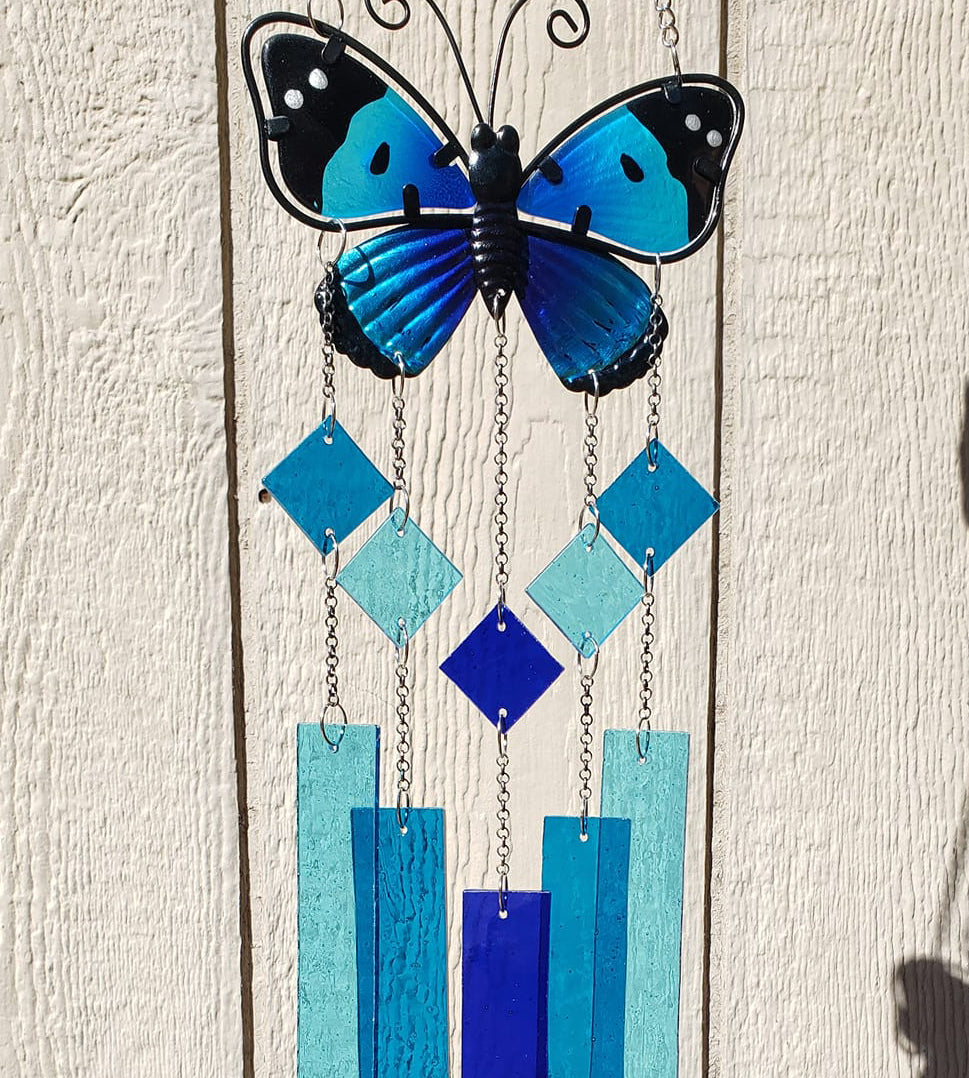 Blue Butterfly Glass Wind Chime, Stained Glass Wind Chimes, Gift for Mom