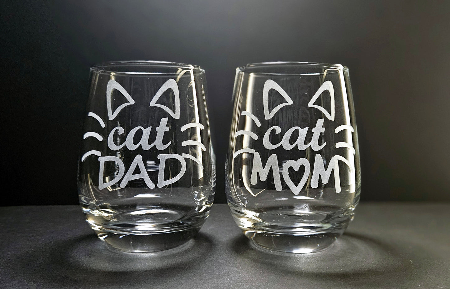 Cat Dad and Mom Stemless Wine Glass Set//Gift for Cat Mom and Dad//Christmas Gift for Pet Parents