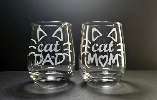 Cat Dad and Mom Stemless Wine Glass Set//Gift for Cat Mom and Dad//Christmas Gift for Pet Parents