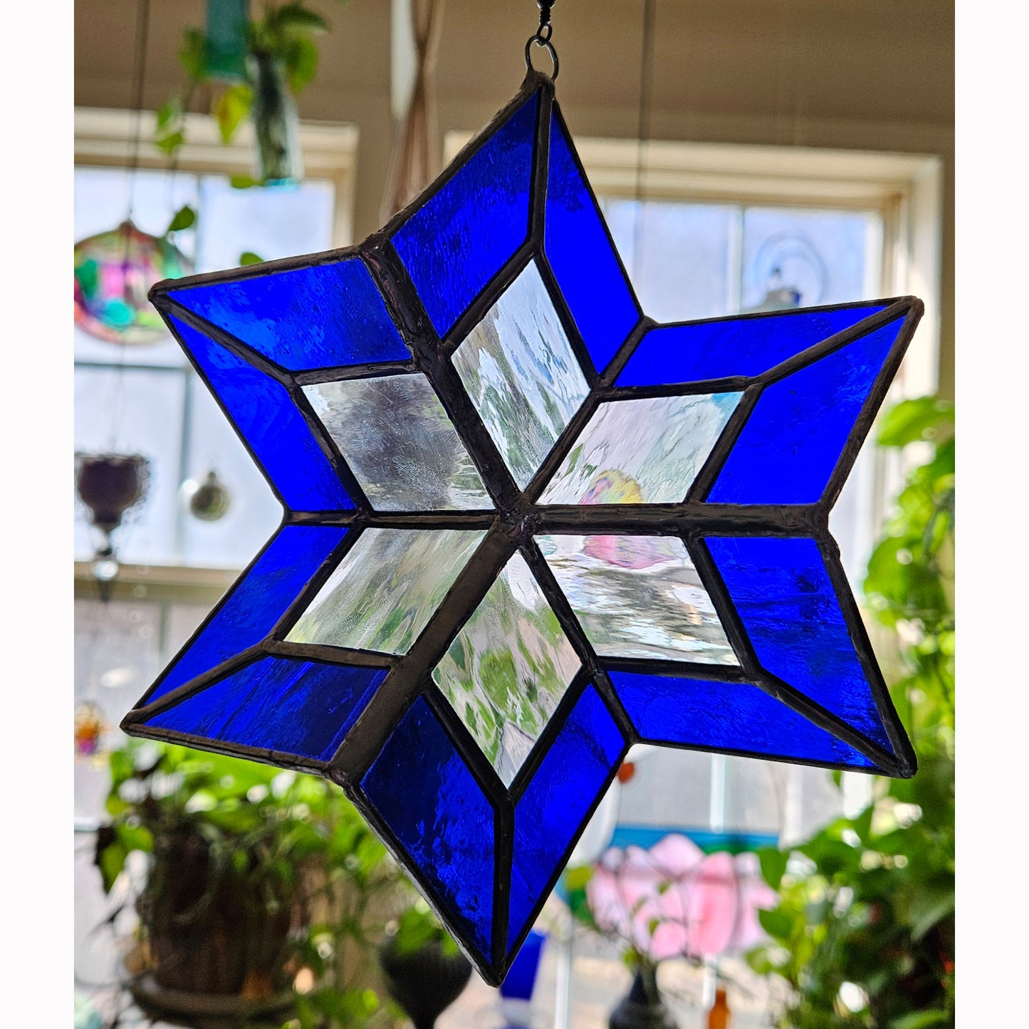Stained Glass Star Suncatcher Wind Spinner,  Cobalt Blue 3-Dimensional Stained Glass