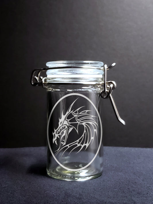 Dragon Storage Jar, Engraved, Personalized, 2 Ounce, Clamp Jar, Airtight Storage