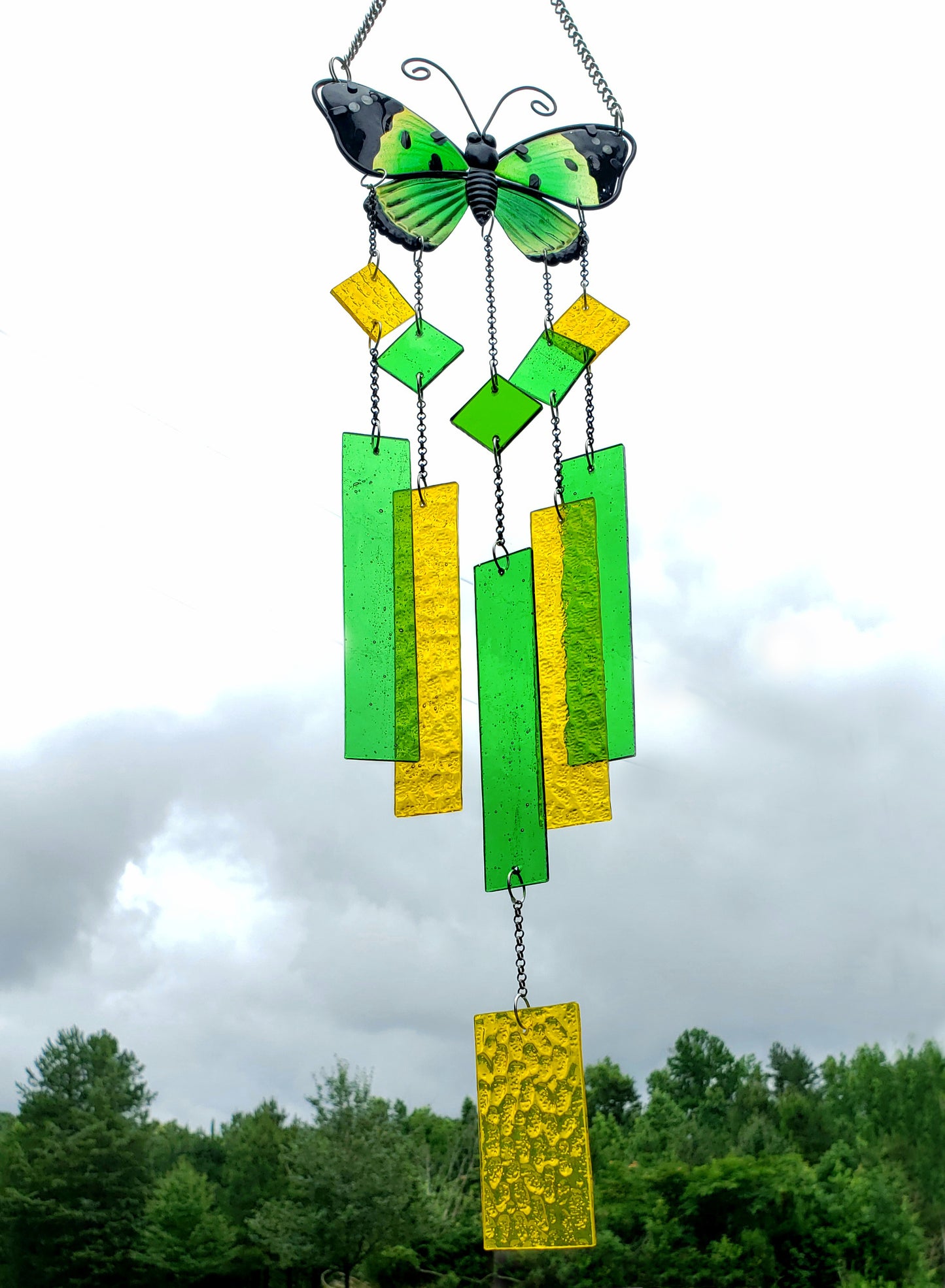 Green Glass Butterfly Wind Chime, Stained Glass Wind Chimes, Gift for Mom