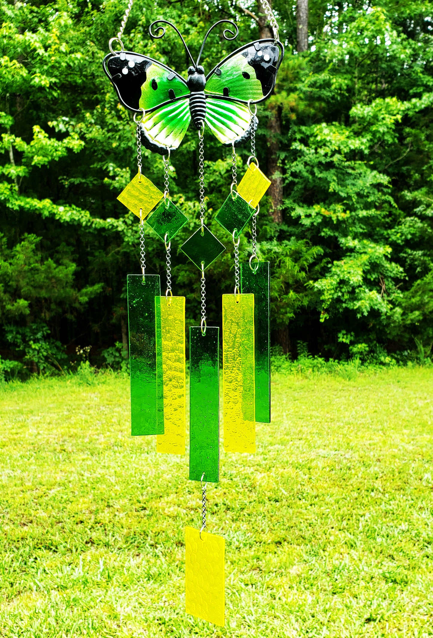 Green Glass Butterfly Wind Chime, Stained Glass Wind Chimes, Gift for Mom