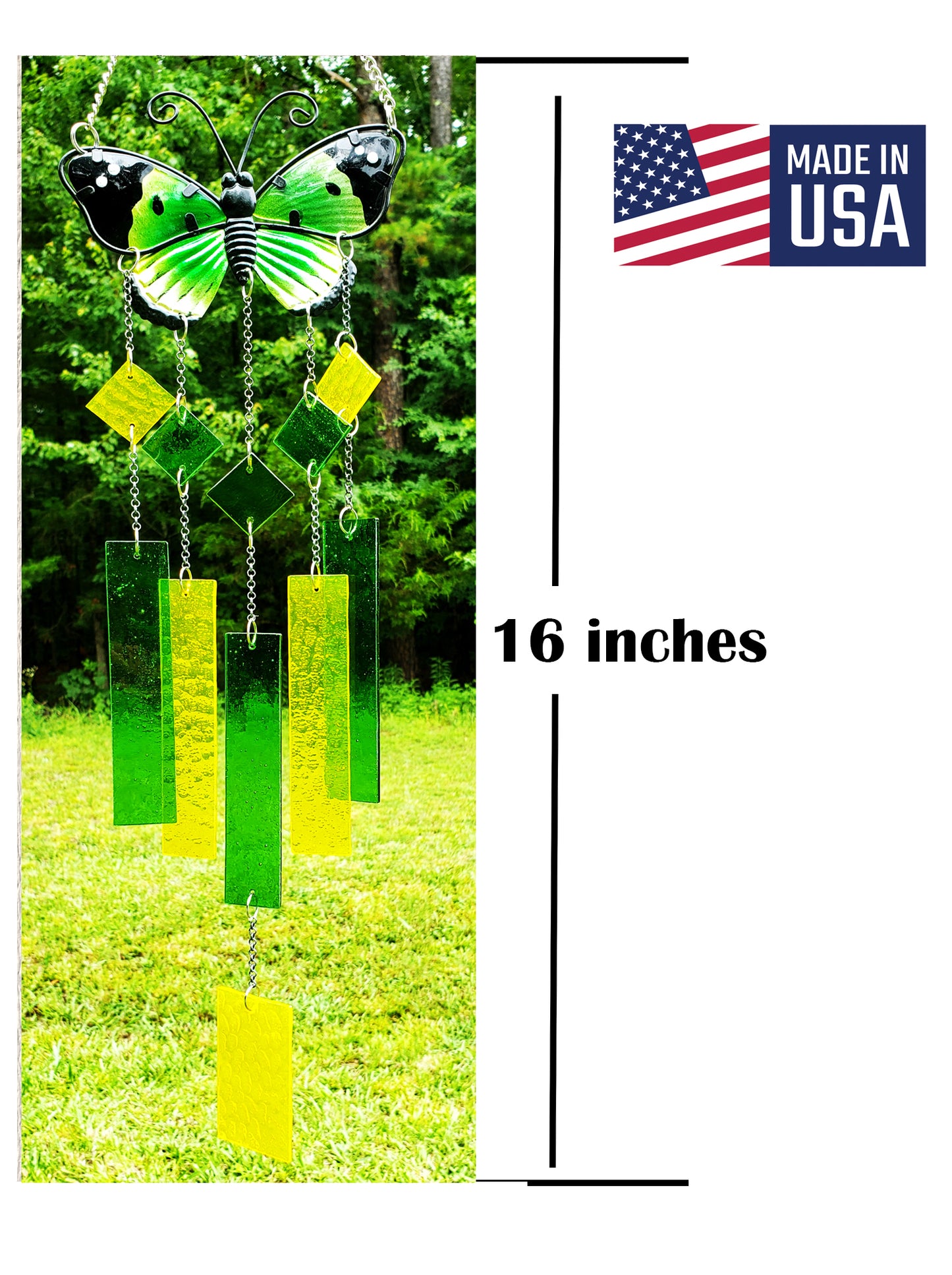 Green Glass Butterfly Wind Chime, Stained Glass Wind Chimes, Gift for Mom