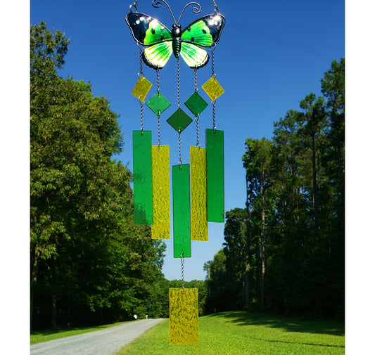 Green Glass Butterfly Wind Chime, Stained Glass Wind Chimes, Gift for Mom