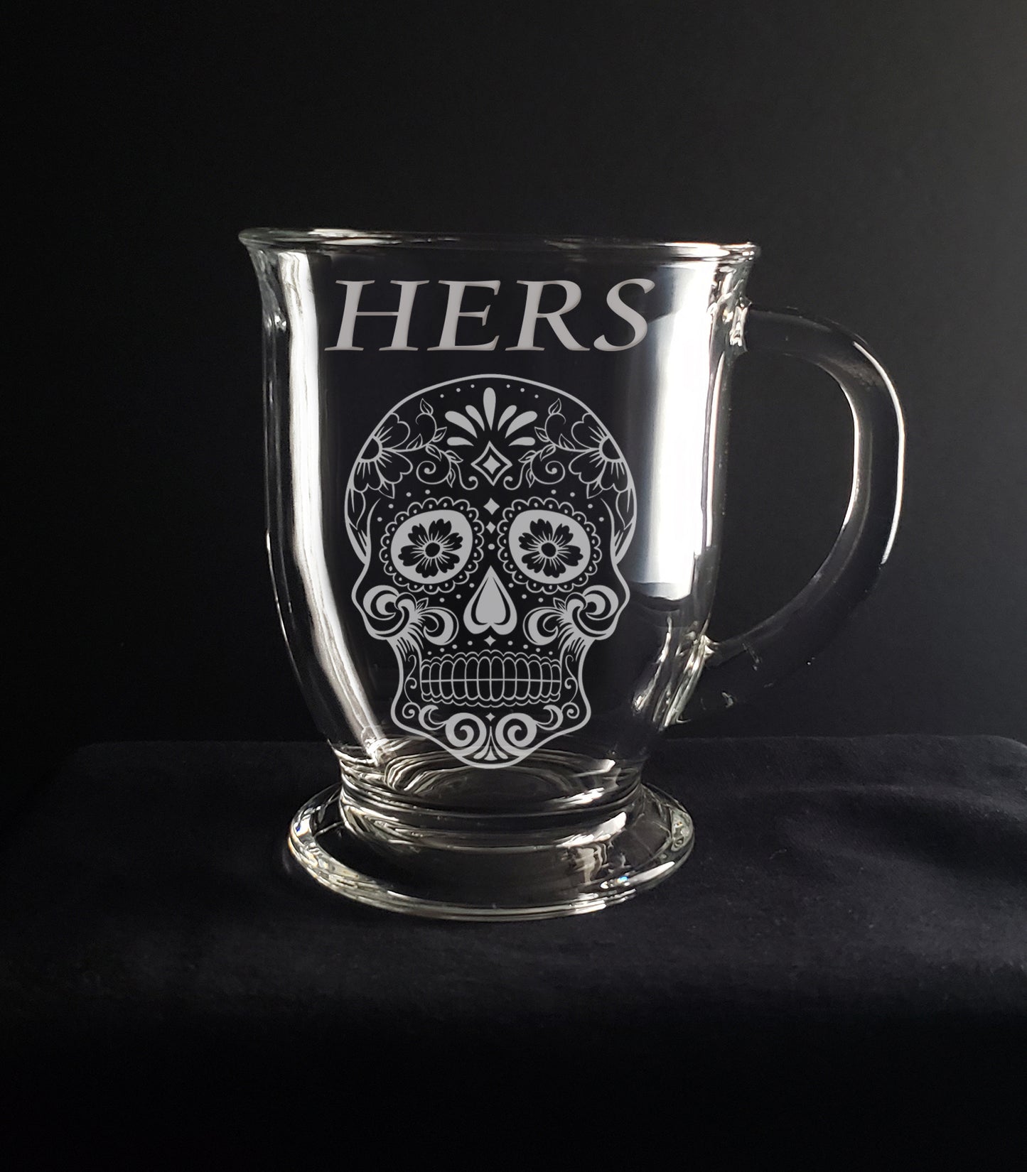 Sugar Skull Engraved Glass Coffee Mug, Mother’s Day Gift, Personalized!