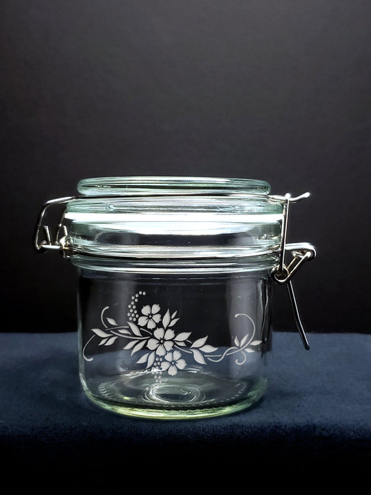 Delicate Flower Storage Jar, Engraved, Personalized, 5 Ounce, Clamp Jar, Airtight Storage