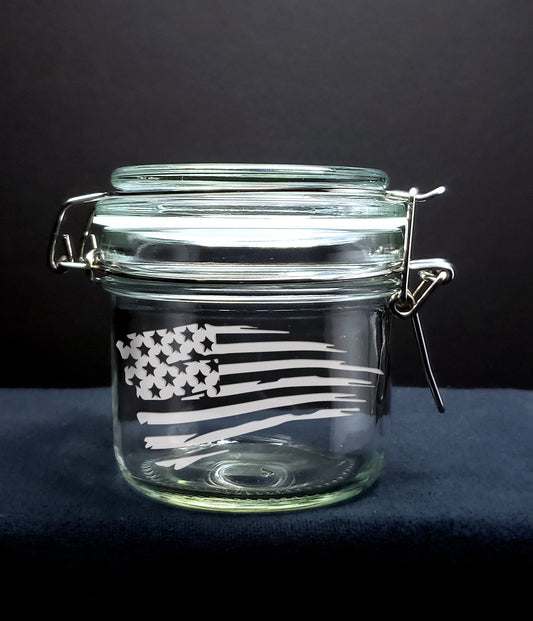 American Flag Storage Jar, Engraved, Personalized, 5 Ounce, Clamp Jar, Airtight Storage