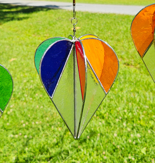 Stained Glass Heart Suncatcher Wind Spinner,  Rainbow 3-Dimensional Stained Glass