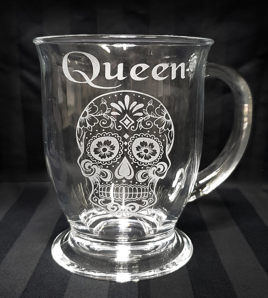 Sugar Skull Engraved Glass Coffee Mug, Mother’s Day Gift, Personalized!