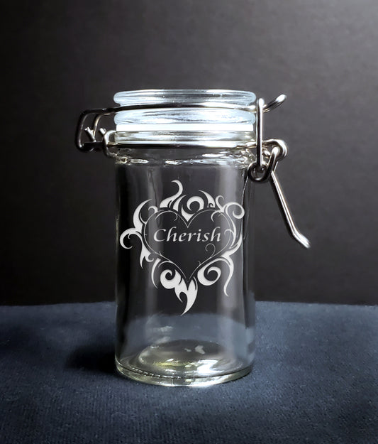 Tribal Heart Storage Jar, Engraved, Personalized, 2 Ounce, Clamp Jar, Airtight Storage