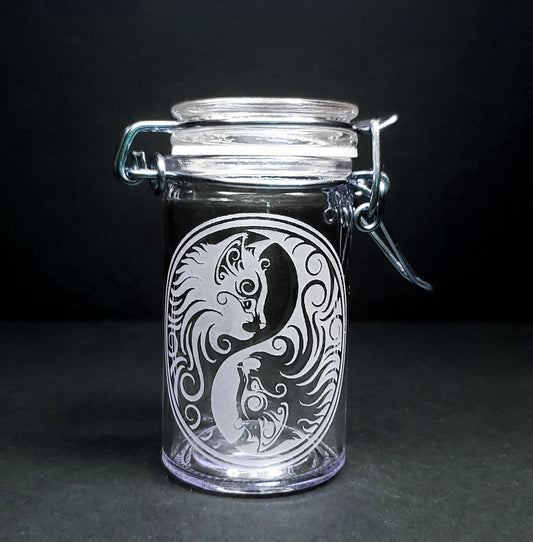 Kitty Cat Ying Yang Storage Jar, Engraved, Personalized, 2 Ounce, Clamp Jar, Airtight Storage
