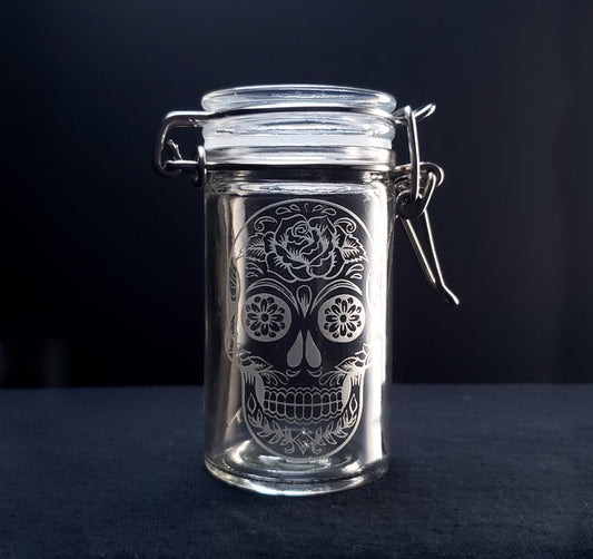 Sugar Skull Storage Jar, Engraved, Personalized, 2 Ounce, Clamp Jar, Day of the Dead, Herb Storage, Airtight