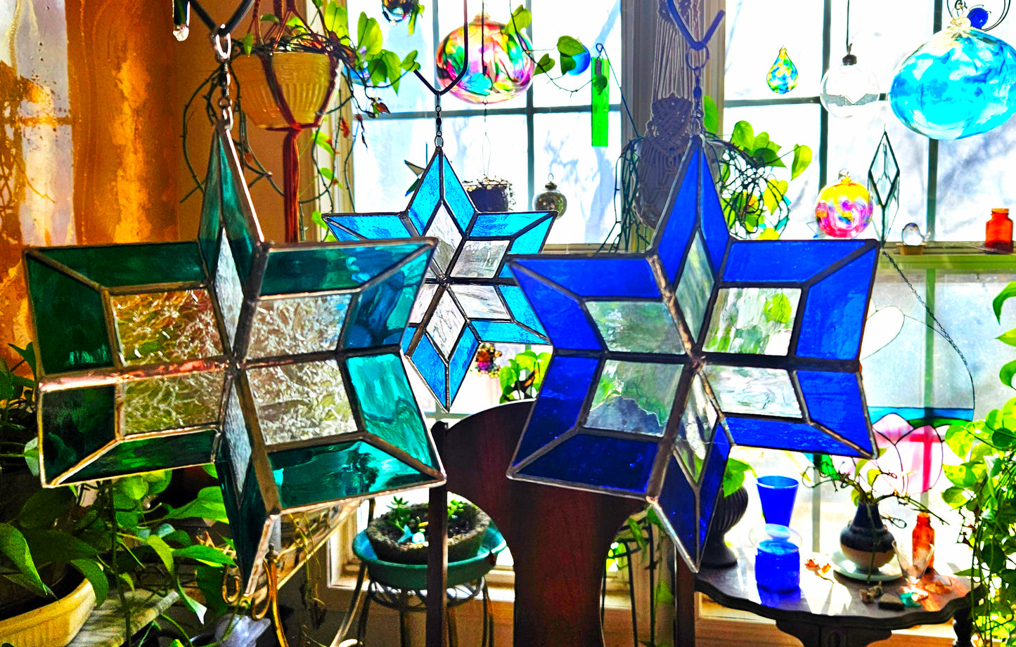 Stained Glass Star Suncatcher Wind Spinner,  Teal Blue 3-Dimensional Stained Glass