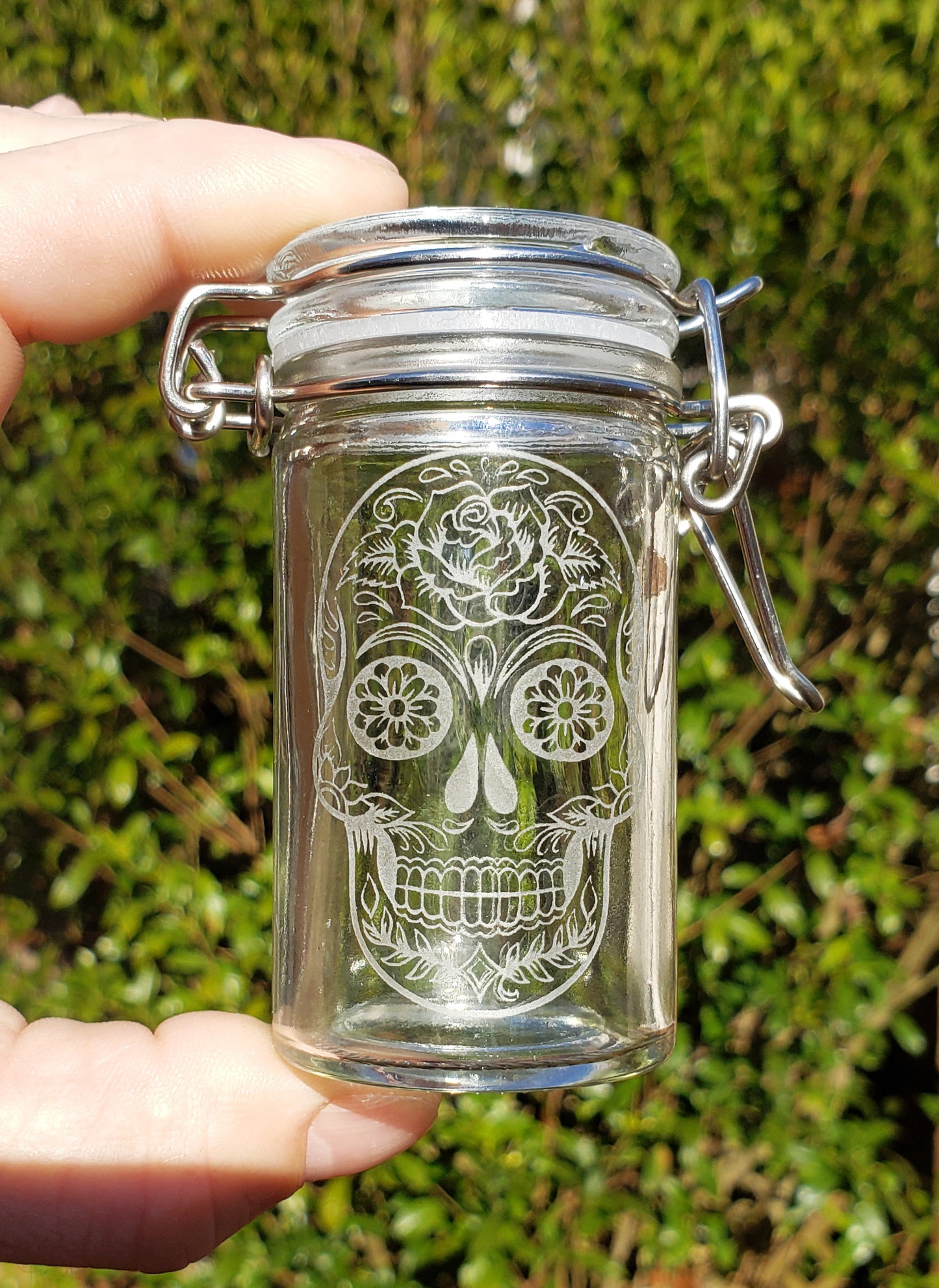 Sugar Skull Storage Jar, Engraved, Personalized, 2 Ounce, Clamp Jar, Day of the Dead, Herb Storage, Airtight