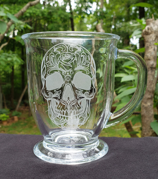Sugar Skull Engraved Glass Coffee Mug, Father's Day, Sugar Skull for Dad, Personalized!