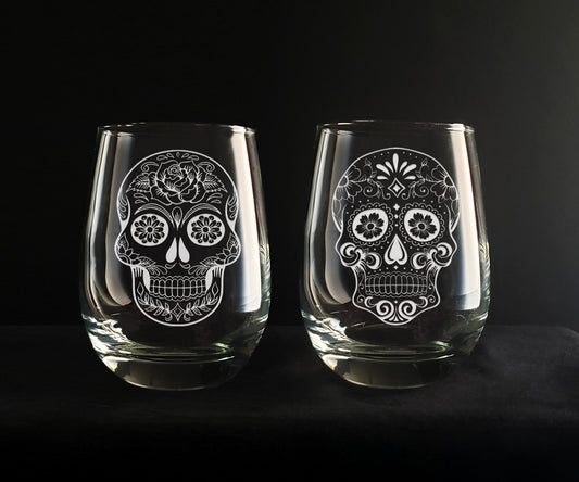 Sugar Skull Wine Glasses Set of 2, Engraved, Bridal Shower Gift, His and Hers, Day of the Dead, Unique Wedding Gift