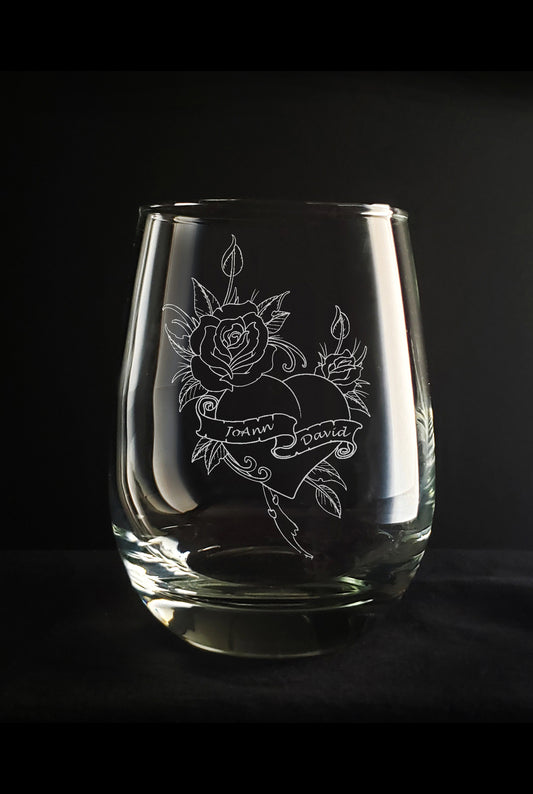 Couple’s Wine Glass, Personalized, Engraved, Mother's Day Gift, Wedding Gift, Bridal Shower, Tattoo Design, Engagement Present